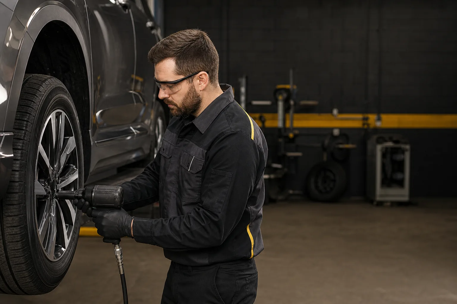 Automotive technician servicing an SUV wheel