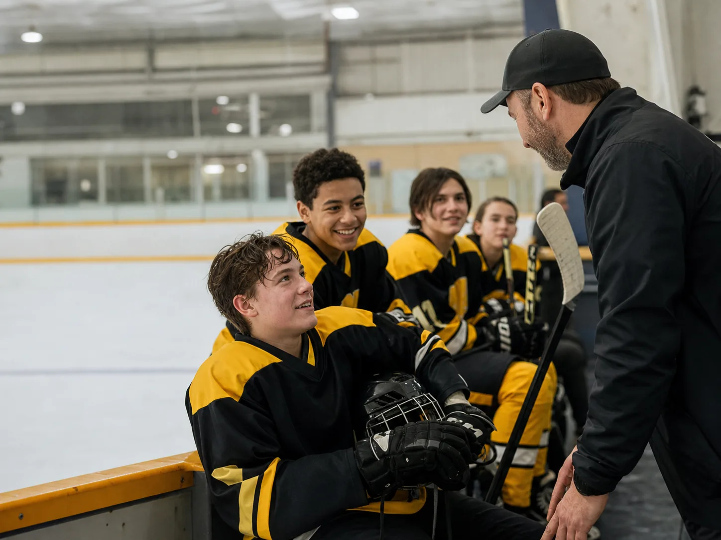 Youth hockey players receiving encouragement from their coach